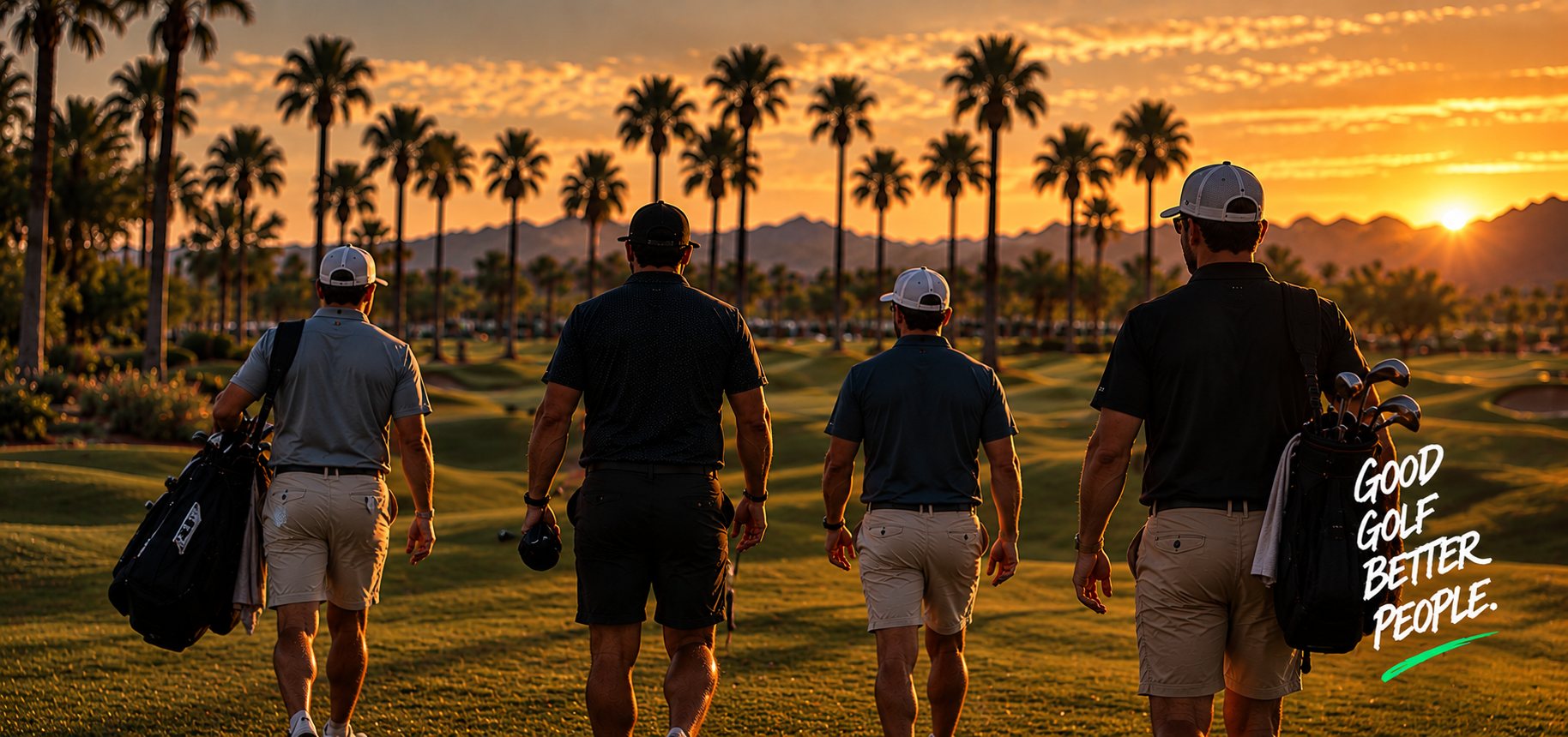 Four golfers walking the fairway at sunset — good golf, better people