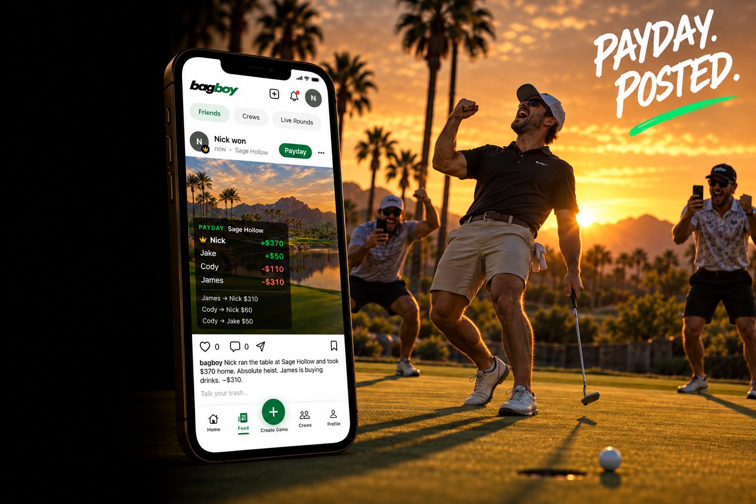 The bagboy feed on a phone, a golfer celebrating a holed putt