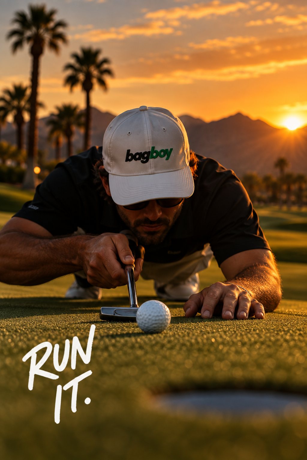 Lining up a putt in a bagboy hat